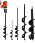 Four-piece Planting Auger Drill Bit Set with red drill attachment for quick post holes and bulbs in garden work