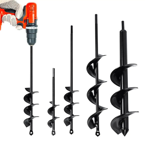 Four-piece Planting Auger Drill Bit Set with red drill attachment for quick post holes and bulbs in garden work