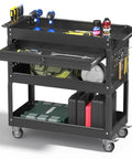 Three Tier Rolling Tool Cart With Drawers, 400 Lb Capacity Heavy Duty Utility Cart On Wheels With Pegboard, Metal Work Cart
