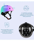 Color Gradient Adjustable Kids Bike Helmet With Knee And Elbow Pads Set top and side view showing ventilation and padding