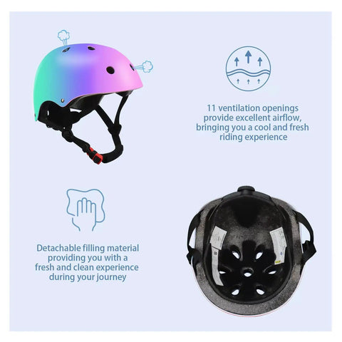 Color Gradient Adjustable Kids Bike Helmet With Knee And Elbow Pads Set top and side view showing ventilation and padding