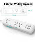 Three Outlet Power Strip With Two USB Ports 2.4A Total White 6 Foot Cord 1250W 10A Surge Protector 300 Joules Wall Mountable For Home Office SGS Listed Space Saving Dope Setup, showing outlet spacing and USB ports.