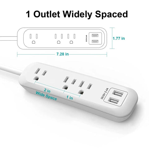 Three Outlet Power Strip With Two USB Ports 2.4A Total White 6 Foot Cord 1250W 10A Surge Protector 300 Joules Wall Mountable For Home Office SGS Listed Space Saving Dope Setup, showing outlet spacing and USB ports.