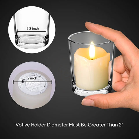 Hand holding real wax flameless votive candle with timer, 2 by 2 inch size, demonstrated with glass holder diameter measurements.
