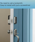Slick Satin Nickel Smart Deadbolt Featuring Bump Proof Touchscreen Keypad on a door, easy installation shown with screwdriver.