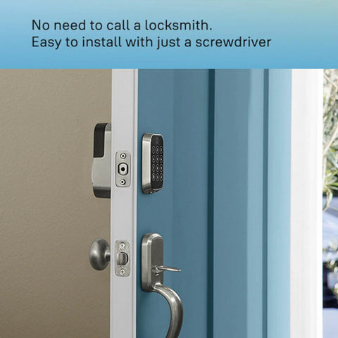 Slick Satin Nickel Smart Deadbolt Featuring Bump Proof Touchscreen Keypad on a door, easy installation shown with screwdriver.