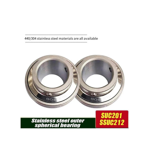 Heavy Duty 304 Stainless Steel Spherical Insert Bearing Rock Solid SUC Series Oil Seal Precision Engineered showing dual spherical bearings.