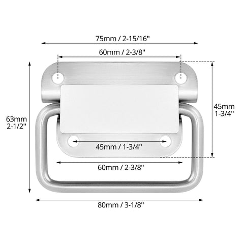 Diagram of stainless steel chest pull handle with measurements: 80mm long by 45mm wide, rust resistant, durable, for toolboxes and storage boxes.