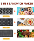 3 In 1 Electric Sandwich Maker With 3 Removable Non Stick Plates Double Sided Heating Waffle Donut Panini Press Grill For Quick Breakfast Snacks Bacon Steak And More 850 Watts Uniform Cooking showing donut, waffle, and grill plates.