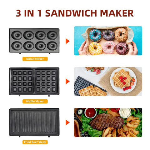 3 In 1 Electric Sandwich Maker With 3 Removable Non Stick Plates Double Sided Heating Waffle Donut Panini Press Grill For Quick Breakfast Snacks Bacon Steak And More 850 Watts Uniform Cooking showing donut, waffle, and grill plates.