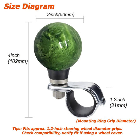 Ball Steering Wheel Spinner Booster Knob For Easy Turning And Quick Stops Universal Turning Assist Handle Fits Tractors Forklifts Lawn Mowers Boats And More Green, size diagram with dimensions.