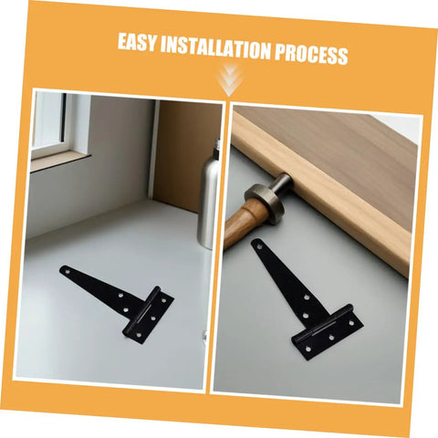 8 Pack Black T Shape Gate Hinges With Screws Zinc Plated shown on white surface for easy install
