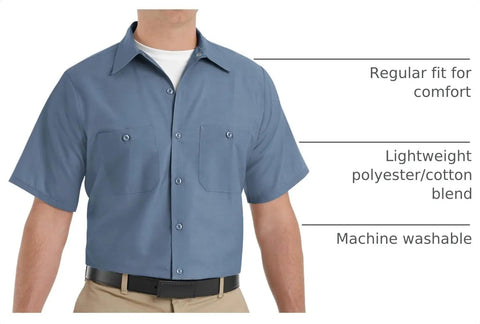 Mens Short Sleeve Work Shirt Regular Fit Polyester Cotton Blend Button Front Utility Top All Day Comfort Heavy Duty Job Site Ready Built Tough For The Daily Grind 4XL Large Postman Blue with two utility pockets.