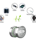 Top Shelf Eighty Pack Of One Point Five Volt Alkaline Button Watch Batteries Covers Every Ag And Lr Size You Need For Quick Fixes On Watches Remotes And Gadgets, featuring LR44 battery with symbols of devices powered by it.