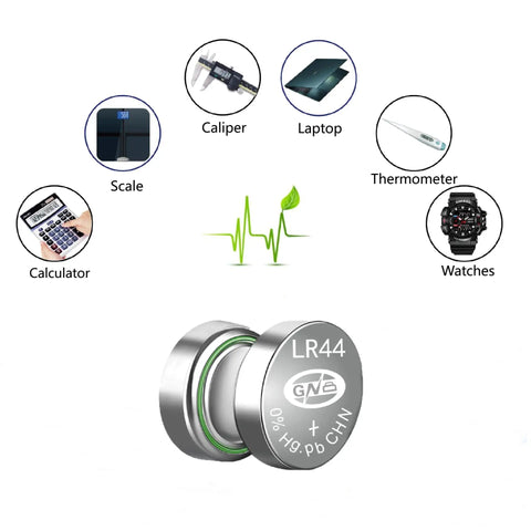 Top Shelf Eighty Pack Of One Point Five Volt Alkaline Button Watch Batteries Covers Every Ag And Lr Size You Need For Quick Fixes On Watches Remotes And Gadgets, featuring LR44 battery with symbols of devices powered by it.