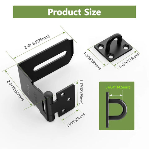 Top Shelf 90 Degree Door Hasp Latch With Padlock Slot Forged From Rust Proof 304 Stainless Steel For Backyard Gate Security showing dimensions.