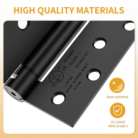 Close-up of 4 inch self closing spring hinge for doors, heavy duty steel build with rust-resistant finish, ideal for daily use.