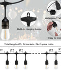 Diagram of LED Outdoor String Lights 48 Feet Commercial Grade Patio String Lights With 26 S14 Shatterproof Bulbs, 2 Feet Spacing, 2200K Warm White, Heavy Duty Waterproof Weatherproof, showing light bulb details and spacing.