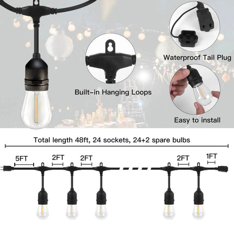 Diagram of LED Outdoor String Lights 48 Feet Commercial Grade Patio String Lights With 26 S14 Shatterproof Bulbs, 2 Feet Spacing, 2200K Warm White, Heavy Duty Waterproof Weatherproof, showing light bulb details and spacing.