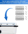 Stainless Steel Cooler Hinges Kit With 3 Replacement Hinges And 12 Screws For Igloo 50 165 Qt Ice Chests Camping Gear Repair Parts To Restore Lids And Keep Your Cooler Rolling visible with cooler and installation illustration.