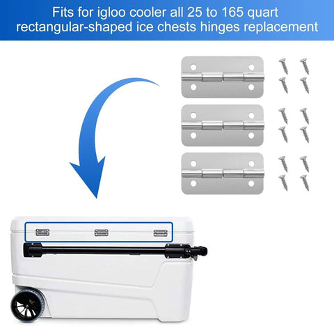 Stainless Steel Cooler Hinges Kit With 3 Replacement Hinges And 12 Screws For Igloo 50 165 Qt Ice Chests Camping Gear Repair Parts To Restore Lids And Keep Your Cooler Rolling visible with cooler and installation illustration.