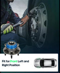 Mechanic installing 2X Front Wheel Hub And Bearing Assembly Set for GM cars, visible hub and vehicle diagram, non-ABS, 5-lug