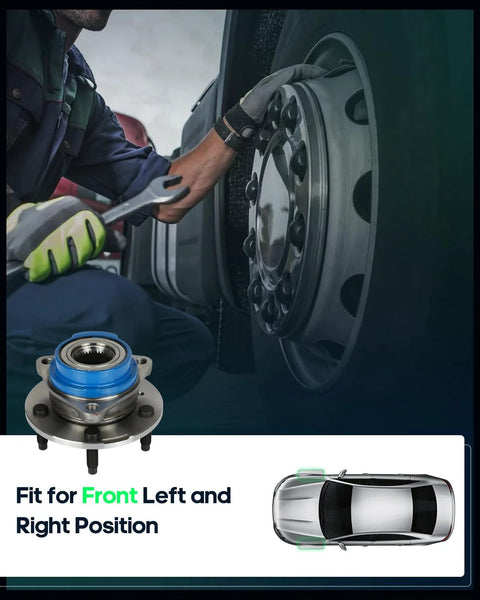 Mechanic installing 2X Front Wheel Hub And Bearing Assembly Set for GM cars, visible hub and vehicle diagram, non-ABS, 5-lug