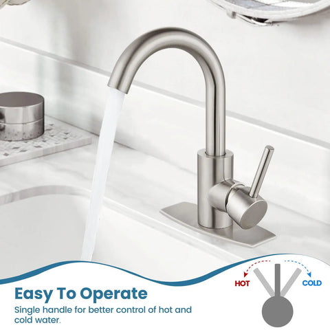 Single Hole Bathroom Faucet With 360 Degree Swivel Spout, 304 Stainless Steel, Brushed Nickel Finish, Pop Up Drain And Deck Plate