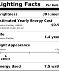 Lighting facts label for Champagne Glow Silicone Light Bulbs 7.5 Watt Medium Base Individually Boxed Wholesale Pack Of 6