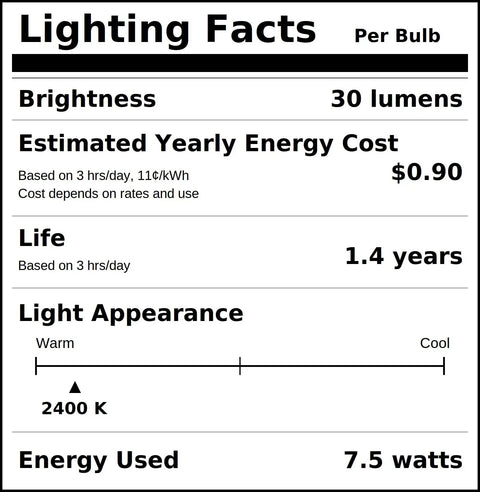 Lighting facts label for Champagne Glow Silicone Light Bulbs 7.5 Watt Medium Base Individually Boxed Wholesale Pack Of 6