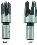Heavy Duty High Speed Steel Dowel Plug Removal Drill Bit Set with 1/4in and 3/8in tapered plug cutters for precision cutting.
