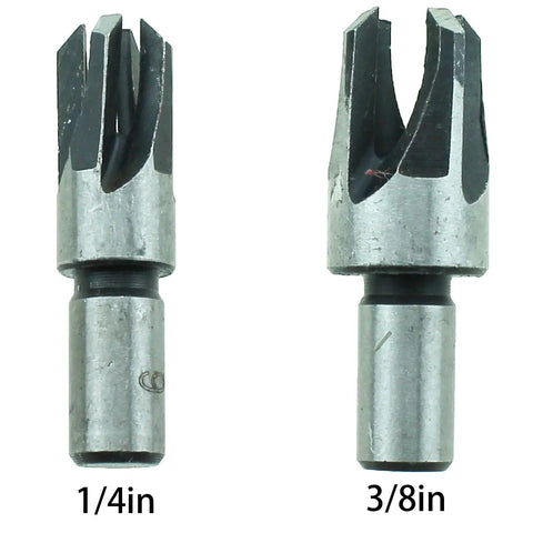 Heavy Duty High Speed Steel Dowel Plug Removal Drill Bit Set with 1/4in and 3/8in tapered plug cutters for precision cutting.