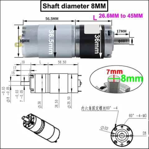 Top Tier High Torque DC Planetary Gear Motor Runs Smooth On 12V Or 24V dimensions and design illustration with measurements.