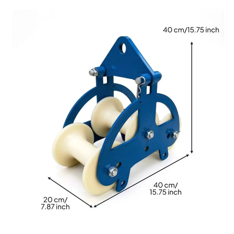 Beefy Heavy Duty Cable Pulley Roller Guide Block With Steel Frame And Visible Fasteners For Industrial Utility Maintenance On Job Sites Three Wheel Nylon Wheels 160 And 140mm, blue steel frame