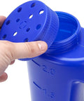 Heavy Duty Hand Held Spreader With Adjustable Hole Size For Seeds Fertilizer Salt Ice Melt And Pest Control Granules 2 Liter Capacity Includes Scoop Durable Garden Tool For Lawn Garden And Driveway Maintenance Blue open lid view