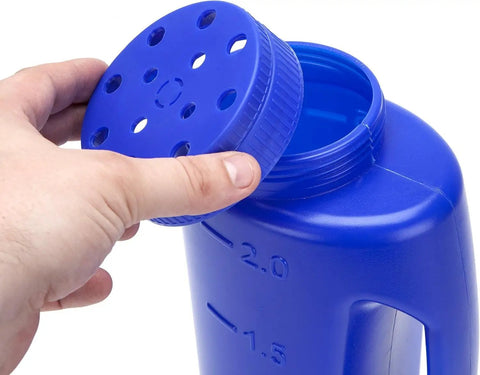 Heavy Duty Hand Held Spreader With Adjustable Hole Size For Seeds Fertilizer Salt Ice Melt And Pest Control Granules 2 Liter Capacity Includes Scoop Durable Garden Tool For Lawn Garden And Driveway Maintenance Blue open lid view