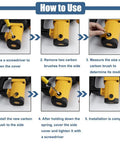 Steps showing installation of Top-Notch 40-Piece Electric Motor Carbon Brushes Set in 10 Handy Sizes into a yellow power tool