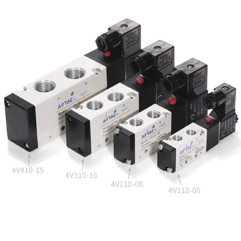DC Twelve Volt Solenoid Valve For Pneumatic Systems, 4V210-08 Two Position Five Way Electric, aluminum body, 1/4in ports