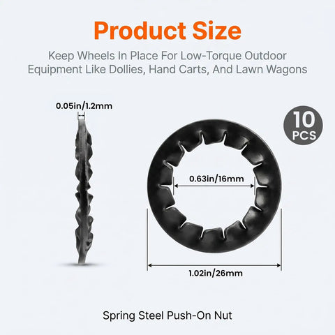 10 Pack Push-On Dolly Wheel Lock Washers For Five-Eighths Inch Dollies Axles, Spring Steel With Black Phosphate Finish diagram