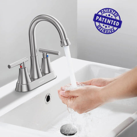 4 Inch Brushed Nickel Bathroom Sink Faucet With Pop Up Drain And Supply Lines 3 Hole Centerset Stainless Steel Vanity RV Faucet Easy Install Durable Build For Home Or Camper in use over white sink