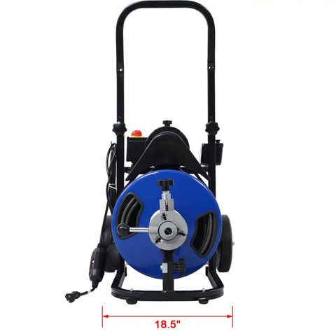 Commercial Heavy Duty Electric Drain Auger With Sixty Feet Flexible Cable and foot switch, shown from the front for tough clog clearing.
