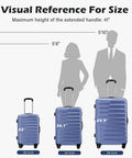 Blue three-piece hard-shell luggage set with spinner wheels in 20, 24, and 28-inch sizes.