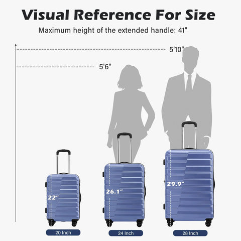 Blue three-piece hard-shell luggage set with spinner wheels in 20, 24, and 28-inch sizes.