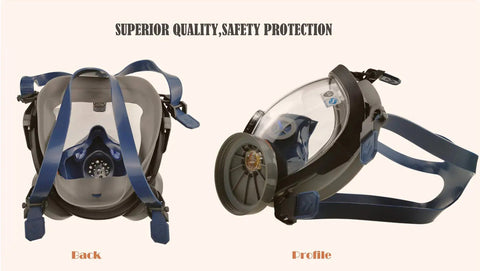 Back and profile view of Full Face Respirator Mask For Spray Painting And Chemical Fumes Dustproof Safety Gear With Dual Cartridges