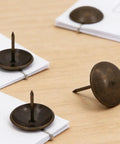 Heavy Duty Antique Brass Upholstery Tacks For Diy Furniture Repair Leather Crafting Auto Interiors Includes Thirty Solid Metal Clavos With Round Heads That Grip Tight Without Splitting Wood For A Sick Makeover Fix on a wooden surface.