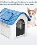Dog with plastic blue-roof kennel, used for housing and comfort, with instructions for foam board placement for warmth.