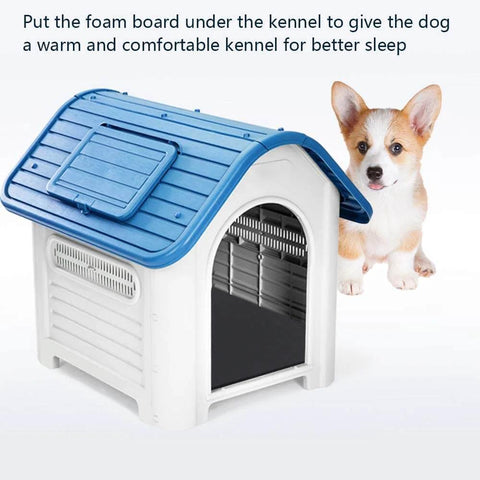 Dog with plastic blue-roof kennel, used for housing and comfort, with instructions for foam board placement for warmth.