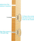 Installation steps for 12 Piece Vintage Drop Ring Cabinet Pulls Set In Gold Finish 44mm Outer Diameter, showing screws and alignment.