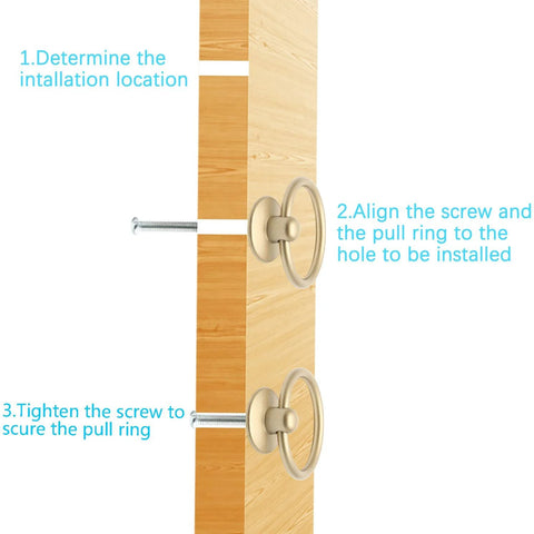 Installation steps for 12 Piece Vintage Drop Ring Cabinet Pulls Set In Gold Finish 44mm Outer Diameter, showing screws and alignment.