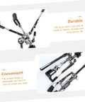 Rock Solid Heavy Duty Snare Drum Stand Adjustable Portable Alloy Rack With Quick Release Storage Shelf For Gig Ready Bands Weekend Sessions And Tour Grade Stages close-up view of durable clamps and adjustable arms.
